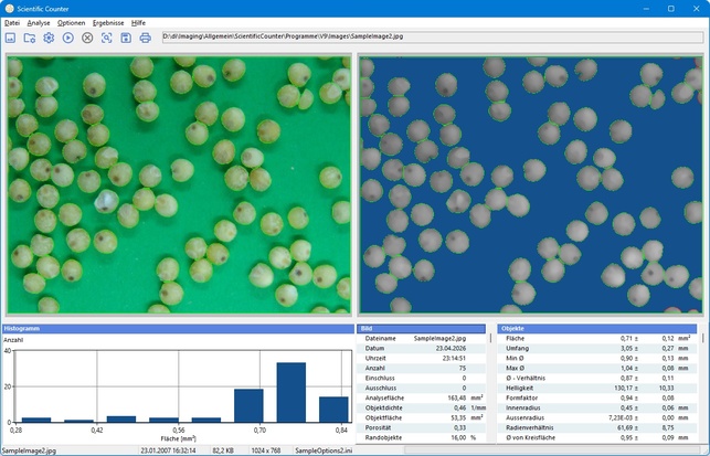Scientific Counter screenshot with image analysis and result chart